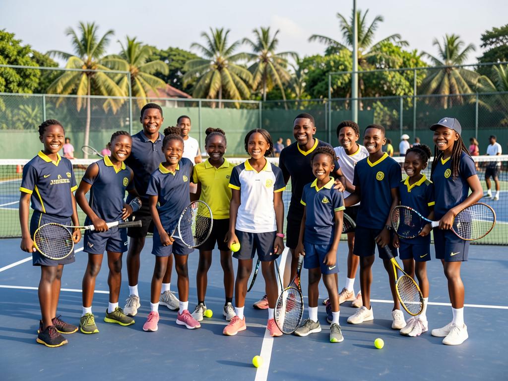 Black African children and teenagers at a tennis camp