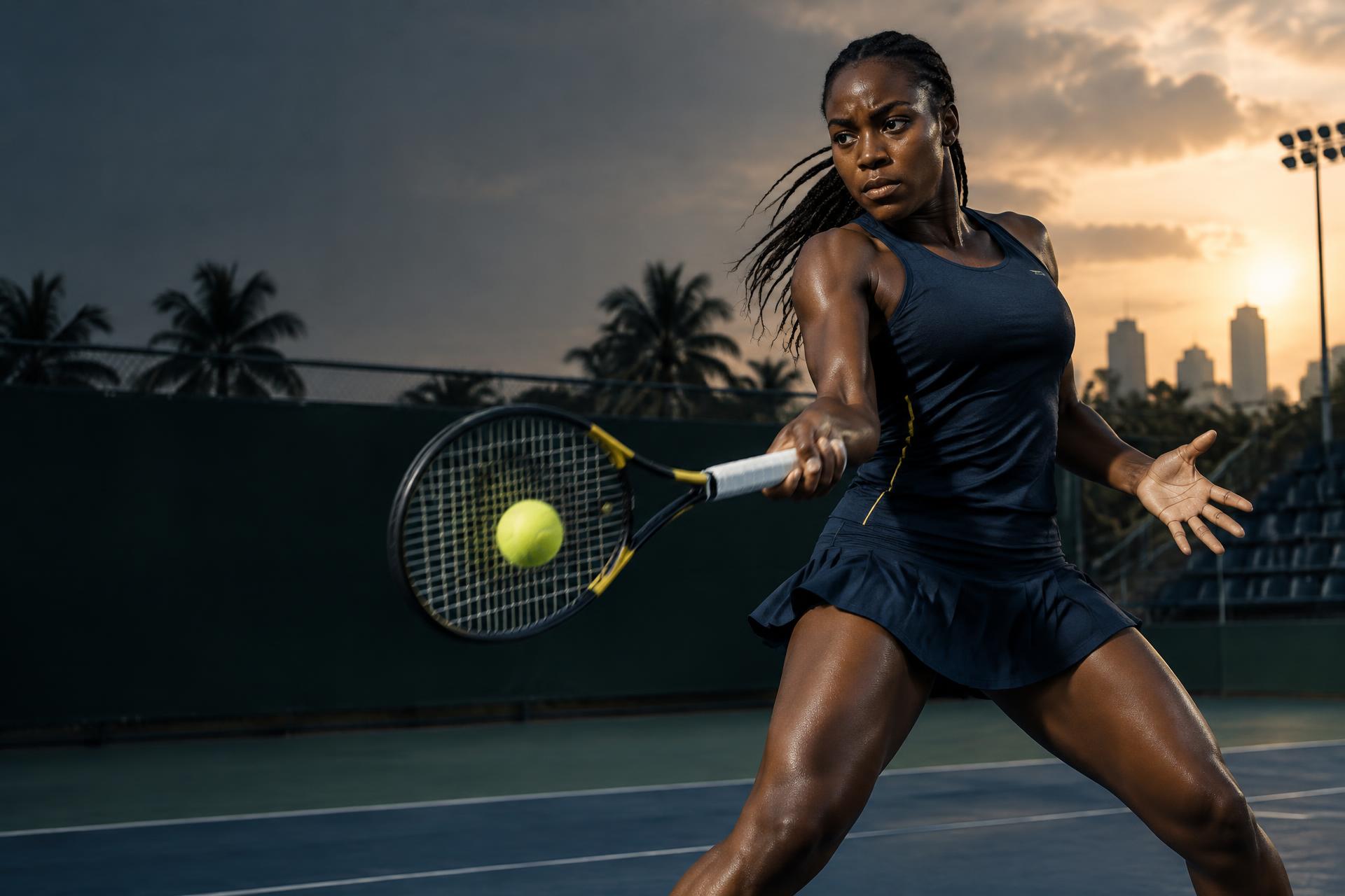 Black African female tennis player striking a forehand on an outdoor hard court