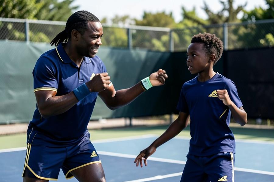 Black African tennis coach guiding a junior player